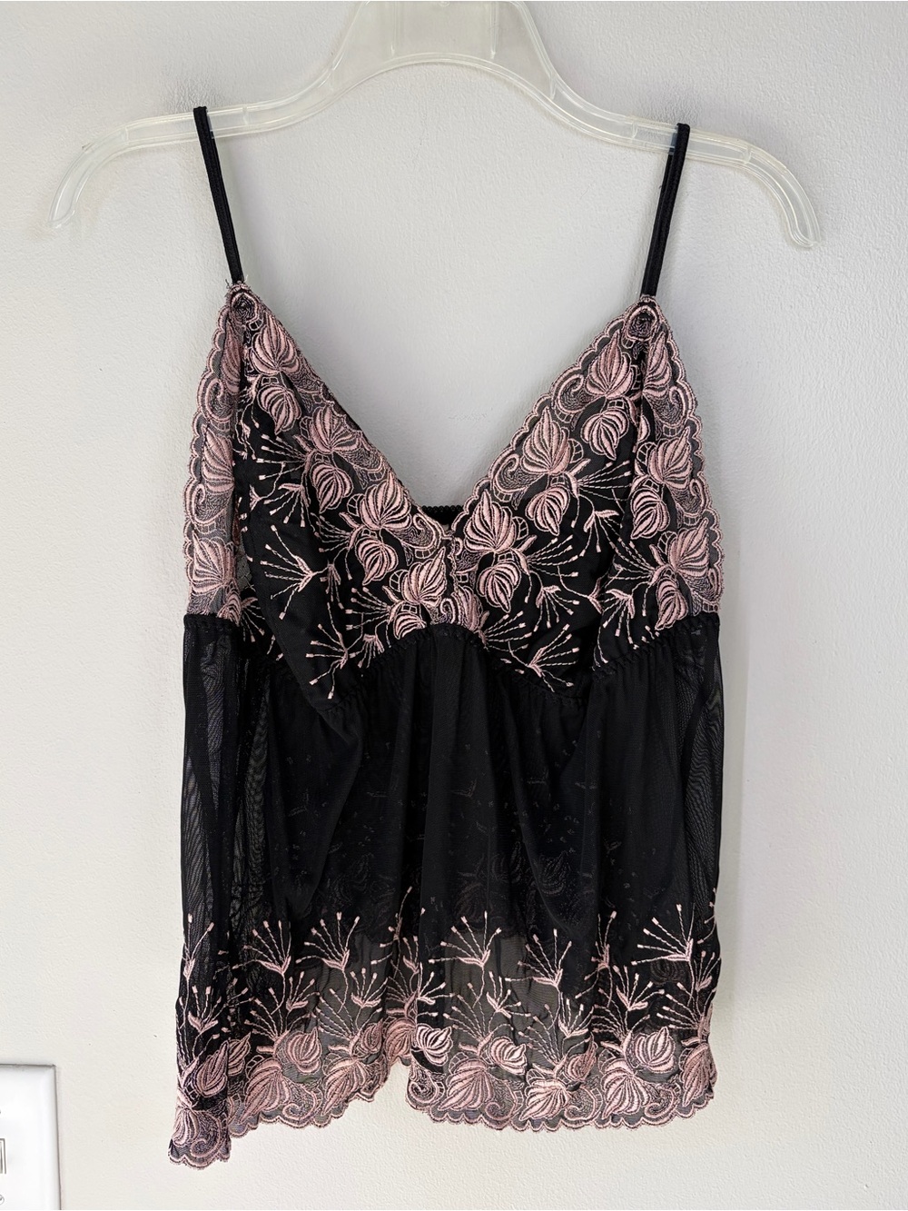 Cacique Intimates Light Pink Embroidered Black Mesh Tank Top Size 22/24